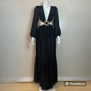 Black long sleeve built in panty front slit cutout  maxi dress